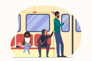 Theft of money in public transport vector illustration. Cartoon thief sitting on seat with passengers in interior of subway train or bus, pickpocket character stealing wallet from male victims pocket