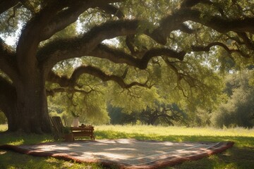 A relaxing scene of a picnic blanket under a majestic oak tree, evoking a sense of summer and the tranquility of a siesta. Generative AI - obrazy, fototapety, plakaty