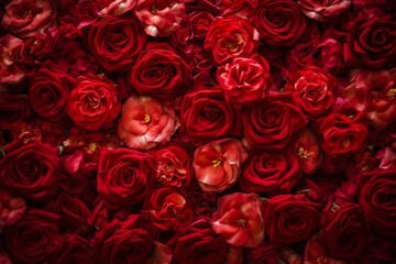 Stunning rose wall with beautiful blooms creating a romantic red floral background. Generative AI - obrazy, fototapety, plakaty