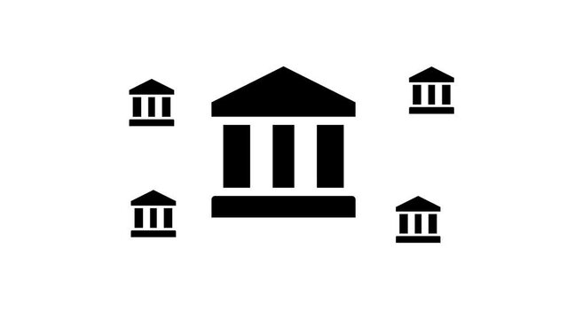 Zoom in and out animation the bank symbol. Large black symbol in the center and four small symbols around. Seamless looped 4k animation on white background