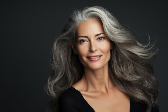 Portrait of an elegant mature woman with radiant skin, long gray hair, and a joyful smile. Cosmetics and beauty advertising.