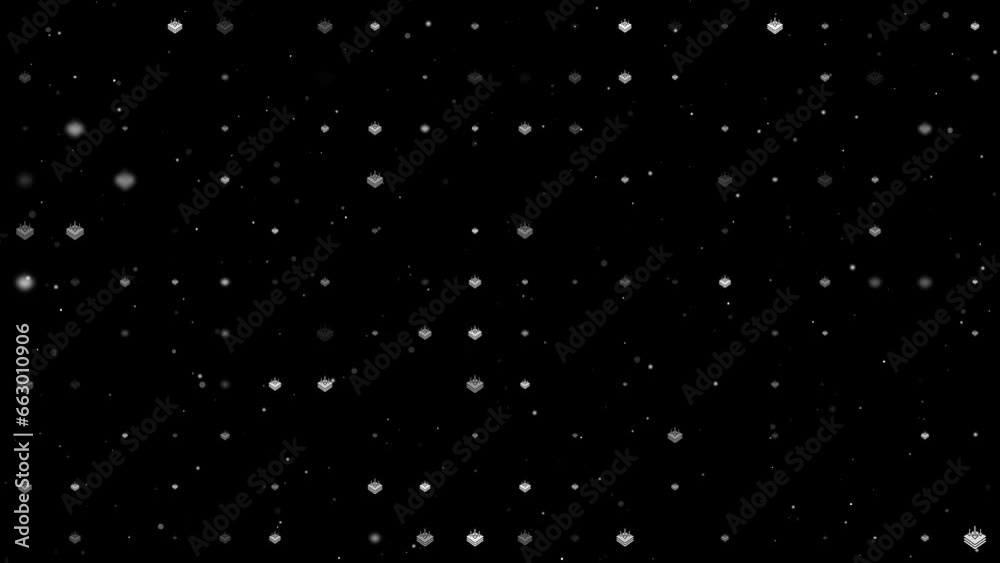 Poster template animation of evenly spaced absorbent symbols of different sizes and opacity. animation of t