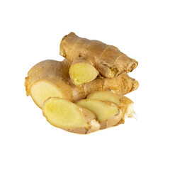 Fresh ginger rhizome with sliced isolated on white background. 
