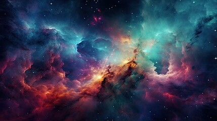 Obraz na płótnie Canvas An image of a colorful cloudy nebula of a cosmic galaxy.