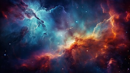 An image of a colorful cloudy nebula of a cosmic galaxy.