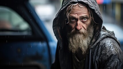Obraz premium An image of a poor homeless man sitting on a city street.