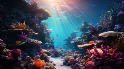 An image of an underwater world with a group of sea creatures and vibrant coral reefs.
