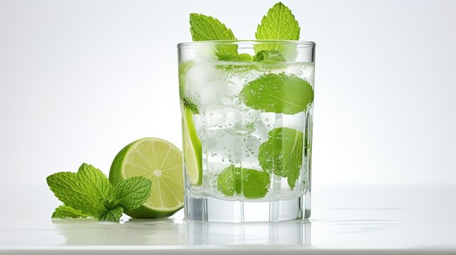 An image of a mojito cocktail, on a clean white background.