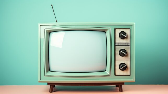 An image of a vintage television set on a soft pastel background.