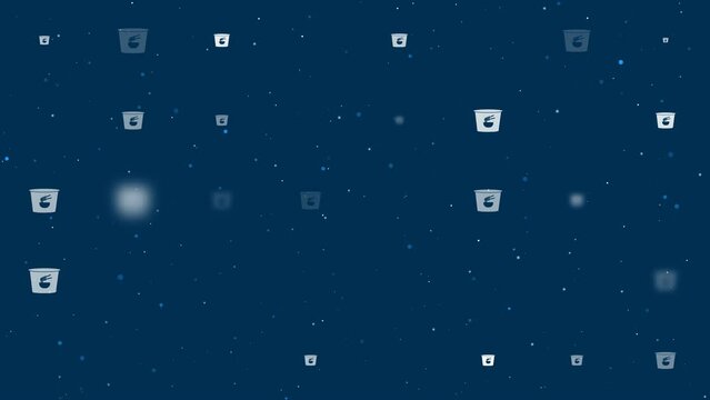 Template animation of evenly spaced instant noodles symbols of different sizes and opacity. Animation of transparency and size. Seamless looped 4k animation on dark blue background with stars