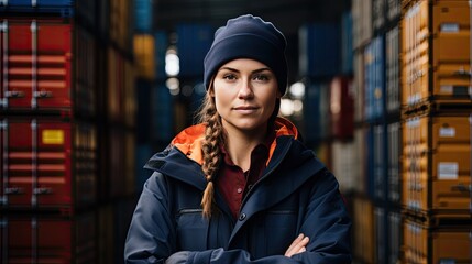 Image of a female logistics coordinator surrounded by stacks of shipping containers.