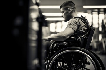 An athletic man with quadriplegia lies on a specialized adaptive sports chair, his hands tightly gripping the handles. Despite being paralyzed, he competes in wheelchair rugby, using his - obrazy, fototapety, plakaty