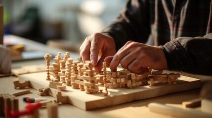 A man with quadriplegia attends a therapy session, his hands manipulating objects and building structures as part of his rehabilitation program. Despite his physical limitations, he continues