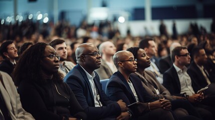 Diverse audience enjoying a business conference; attention foused on off-screen speaker - obrazy, fototapety, plakaty