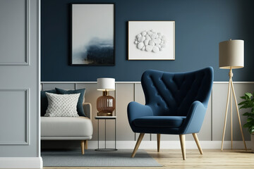 A Scandinavian living room with a blue mock-up wall, an armchair on wood, and a lampshade. Generative AI