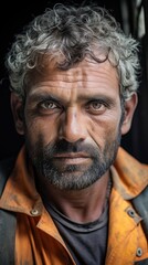 Obraz premium He is a construction worker in his late 40s, with calloused hands and a rugged facial expression. Due to his diabetes, he has to take frequent breaks to check his sugar and eat a snack to