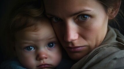 A stayathome mom who suffers from postpartum psychosis, a severe form of schizophrenia. She often has delusions that her baby is possessed and is afraid to be left alone with him. Her husband - obrazy, fototapety, plakaty