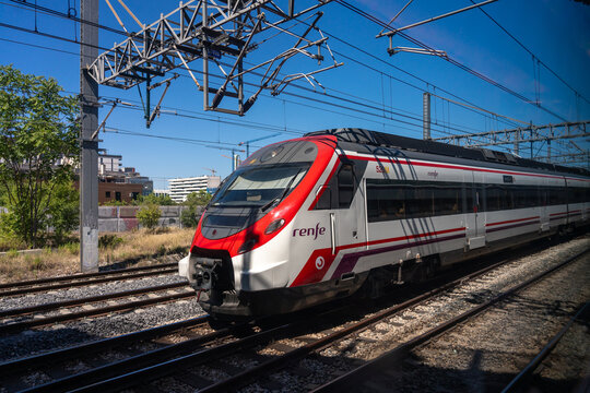 National network train of the Spanish railways Renfe leaving Atocha station in the Spanish capital. Madrid. Spain. July 29, 2023.