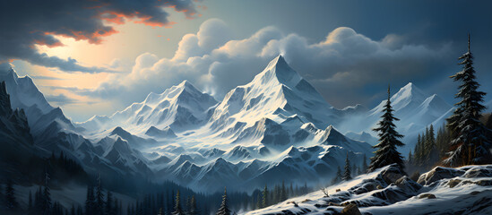 Frosty mountain landscape with snow-covered peak, clouds, and majestic spruce trees