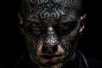 An actor with a heavily tattooed body, representing the different characters he has played and their impact on his life. His piercings, including a nose ring and eyebrow bar, add a touch