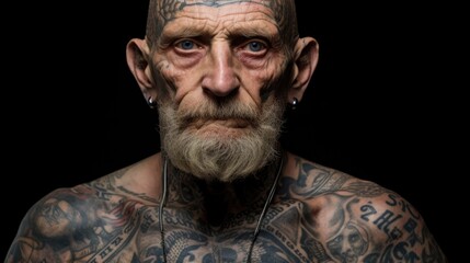 A retired military veteran with a heavily tattooed body, representing the different units and battles he served in. His piercings, including a barbell in his lip, reflect the toughness and