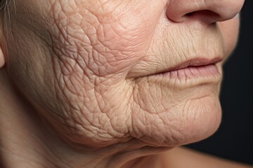 An older retiree with deeply wrinkled skin and numerous skin tags on her face and neck. Though she embraces her age, she sometimes misses her youthful appearance and feels selfconscious - obrazy, fototapety, plakaty