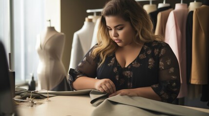 A woman with obesity works as a fashion designer, creating beautiful and inclusive designs for all body types. Despite the lack of representation in the fashion industry, she is determined - obrazy, fototapety, plakaty