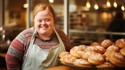 A high school student with Down syndrome, working parttime at a local bakery. She is incredibly dedicated and takes pride in her job, always eager to learn and improve. Despite facing discrimination - obrazy, fototapety, plakaty