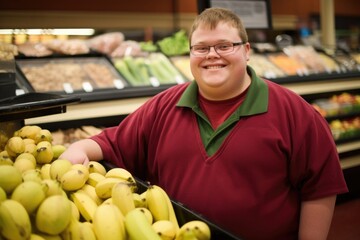 Fototapeta premium A man with Down syndrome works as a cashier at a grocery store, his bright personality and friendly demeanor making him a favorite a customers. He takes pride in his job and enjoys interacting