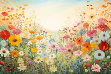 Watercolor painting. Meadow with flowers. Grassy field.