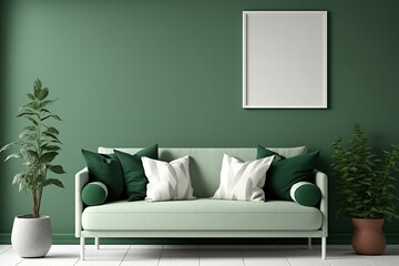 Blank green living room wall mockup. Generative AI