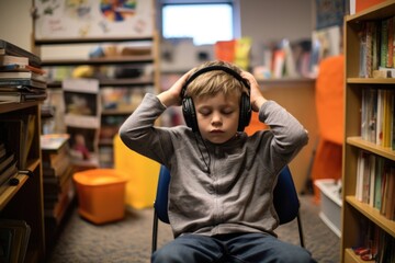 A child with autism spectrum disorder sits in the corner of a classroom, rocking back and forth and covering their ears to block out the loud sounds and bright lights. They feel overwhelmed - obrazy, fototapety, plakaty