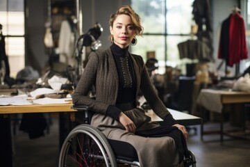 A woman with paraplegia working as a successful fashion designer. She uses her creativity and impeccable taste to design adaptive and stylish clothing for people with physical disabilities. - obrazy, fototapety, plakaty
