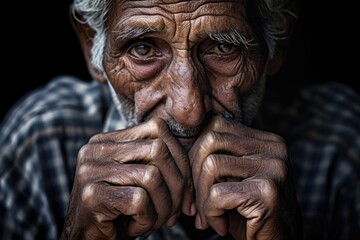 An elderly widower in his 80s, his face and hands marked with wrinkles and a sense of sadness. Despite the grief and loss hes experienced, his wrinkles also reflect a life welllived, filled - obrazy, fototapety, plakaty