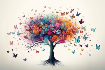 Colorful tree of life with flying butterflies.