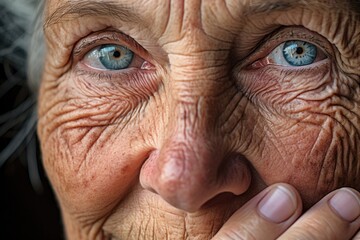 A retired social worker in her 60s, her face and hands displaying wrinkles, but also a gentle kindness and compassion. Her wrinkles reflect the countless lives shes touched and helped throughout - obrazy, fototapety, plakaty