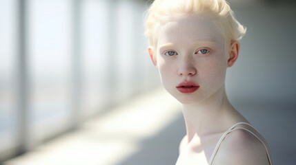 A young girl with albinism stands tall and confident, her pale skin almost glowing in the sunlight. Her hair, a stark contrast in pure white, is styled in a trendy pixie . Despite the stares