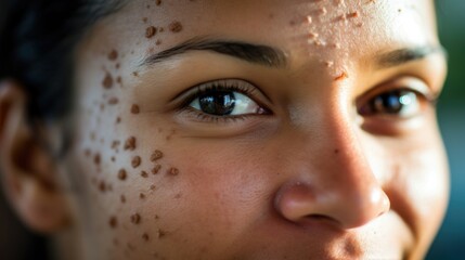 A social worker with severe acne scars on her , dedicating her life to helping vulnerable communities. She sees her scars as a sign of her resilience and determination to make a positive