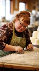 A woman with Down syndrome works at a local bakery, her curly hair pulled back with a headband. She carefully decorates a cake with intricate designs, her attention to detail and perseverance