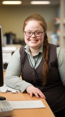 A woman with Down syndrome works as a receptionist at a busy doctors office, efficiently scheduling appointments and warmly welcoming patients. Her organizational skills and friendly demeanor