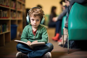 A child with autism spectrum disorder sits in the corner of a classroom, rocking back and forth and covering their ears to block out the loud sounds and bright lights. They feel overwhelmed