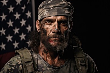 Obraz premium A war veteran with multiple scars on his body from injuries sustained in combat. Each scar tells a story of bravery and survival, serving as a reminder of the sacrifices made for his country.