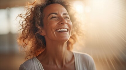 A middleaged woman with a warm smile and freckles that seem to dance across her face when she speaks. She is a successful motivational speaker, using her own experiences to inspire and empower - obrazy, fototapety, plakaty