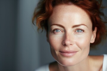 A woman in her forties, her freckles giving her a youthful and glowing complexion as she works as a successful dermatologist. She uses her knowledge and expertise to help others embrace