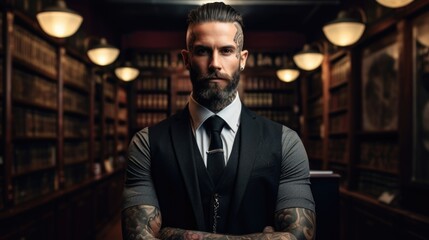 Next, we have a heavily pierced and tattooed lawyer. Despite working in a conservative and serious profession, he refuses to conform to societal expectations. His tattoos, often hidden under - obrazy, fototapety, plakaty