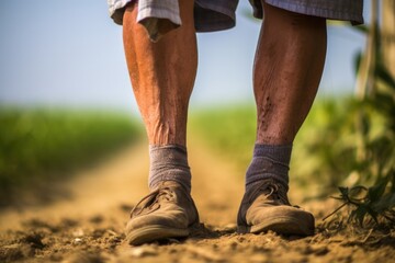 A 55 year old farmer with varicose s on his legs. Years of hard physical labor and long days in the fields have taken a toll on his s. He now faces difficulty in carrying out essential farm - obrazy, fototapety, plakaty