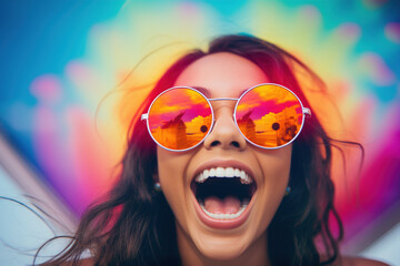 happy woman, big sunglasses, extreme closeup shot, colorful