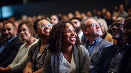 Obraz premium Diverse audience enjoying a business conference; attention foused on off-screen speaker