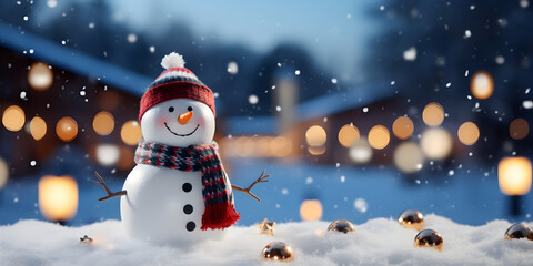 Naklejka na ściany i meble Joyful Snowman in Winter Wonderland - Christmas Greeting Card with Snowy Bokeh Background