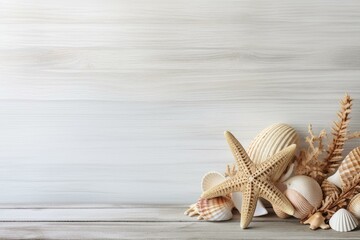 Fototapeta na wymiar Image with starfish and shells on white wooden background, featuring empty space. Generative AI
